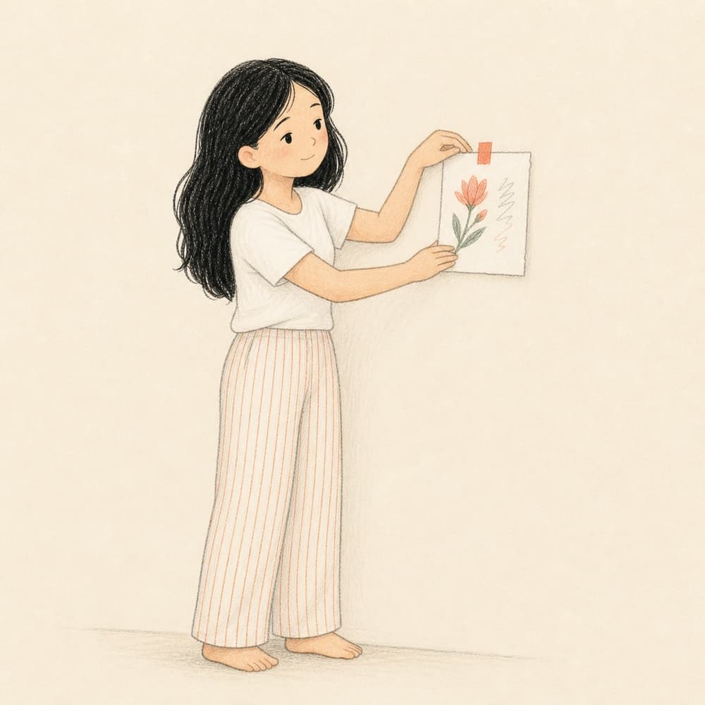 A young woman taping a small drawing of a flower to the wall, standing back to look at it.