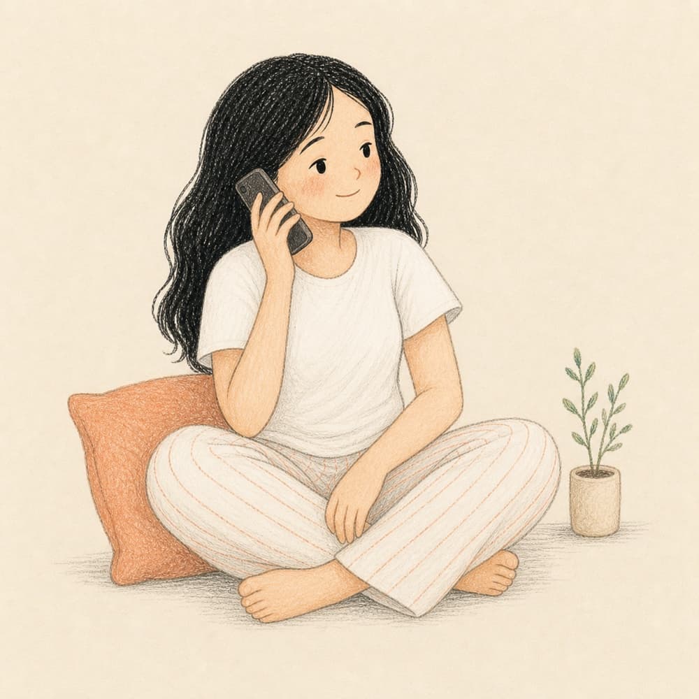 A young woman sitting cross-legged on the floor against a cushion, holding a phone to her ear, a small potted plant beside her.
