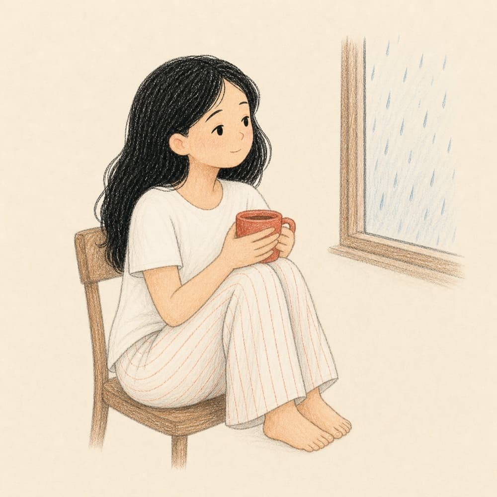 A young woman sitting on a wooden chair with her knees drawn up, holding a mug in both hands, watching rain run down a window.